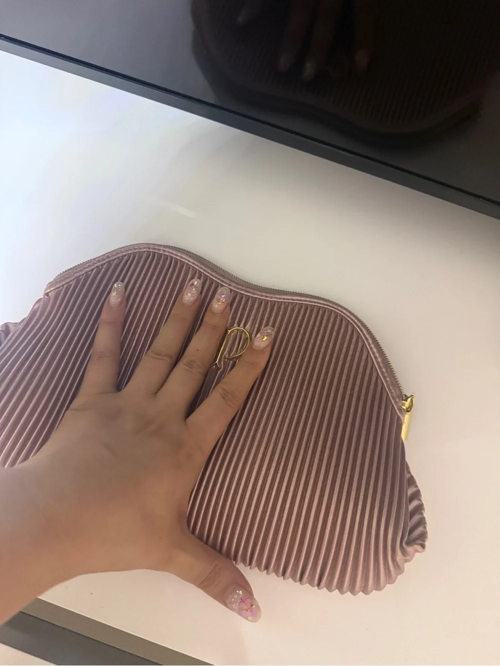 Pleated Blush Cosmetic Pouch with Gold Heart Logo